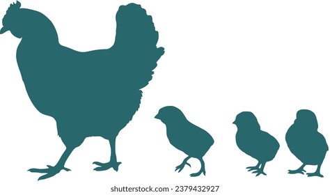 Hen and chicks family walk. Vector image. The little one takes his first steps into the big world.