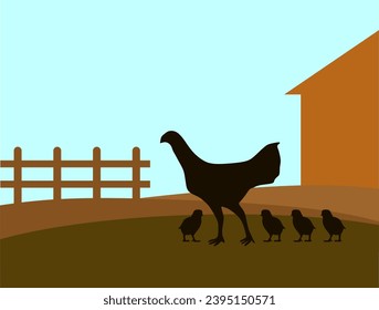 hen with chicks in the farm with background of house and fence