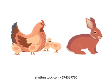 hen and chicks, rabbit . vector farm animals set
