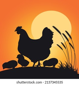 Hen and Chicks Silhouette Vector Illustration