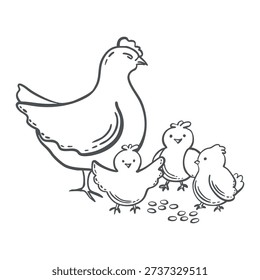 Hen with chicks vector graphic illustration. Whimsical hand drawn isolated doodle poultry birds for Easter designs. Black and white clipart for organic farm products packaging, baby designs, textile.