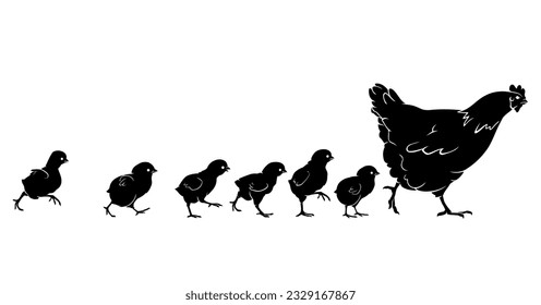 Hen and Chicks Walking Silhouettes