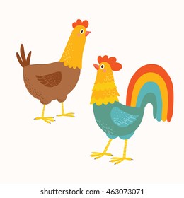 Hen and cock. Chicken family. Cartoon clipart eps 10 hand drawn vector illustration isolated on white.