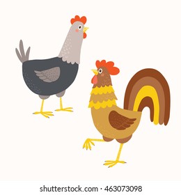 Hen and cock. Chicken family. Cartoon clipart eps 10 hand drawn vector illustration isolated on white.