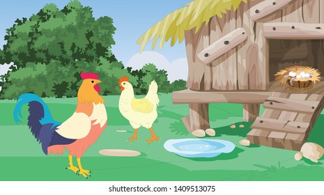 Hen And Cock Couple Scene With Chicken House - Vector