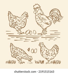 HEN COCK HAND DRAWN SKETCH And Eggs Symbol Of Holy Easter Holiday Cartoon Monochrome Picture Farm Birds Characters Poultry Clipart Vector Illustration Set