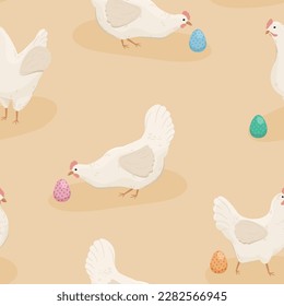 Hen y coloridos huevos de Pascua. Patrón de Semana Santa sin fisuras. Feliz pollo libre de jaulas. Ilustración vectorial.