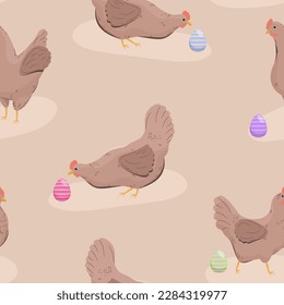 Hen and colorful Easter eggs. Easter seamless pattern. Happy cage free chicken. Vector illustration.