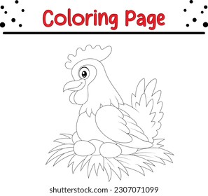 Hen Coloring Page Outline. Farm animals. Coloring book for kids.