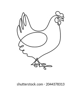 Hen in continuous line art drawing style. Chicken minimalist black linear sketch isolated on white background. Vector illustration