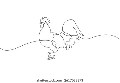 Hen in continuous line art drawing style. Chicken minimalist black linear design, Continuous one line drawing of Cute chicken. Silhouette of chickens on a white background in a minimalist style.