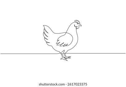 Hen in continuous line art drawing style. Chicken minimalist black linear design, Continuous one line drawing of Cute chicken. Silhouette of chickens on a white background in a minimalist style.