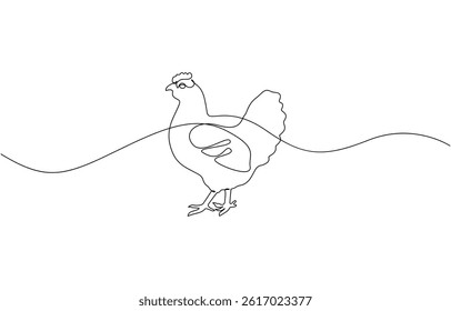 Hen in continuous line art drawing style. Chicken minimalist black linear design, Continuous one line drawing of Cute chicken. Silhouette of chickens on a white background in a minimalist style.