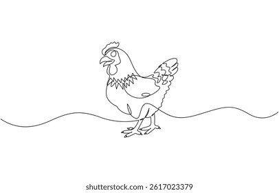 Hen in continuous line art drawing style. Chicken minimalist black linear design, Continuous one line drawing of Cute chicken. Silhouette of chickens on a white background in a minimalist style.