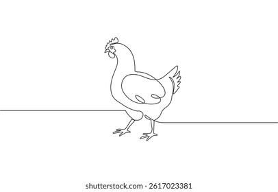 Hen in continuous line art drawing style. Chicken minimalist black linear design, Continuous one line drawing of Cute chicken. Silhouette of chickens on a white background in a minimalist style.