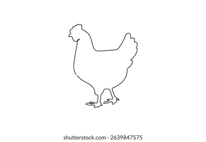 Hen in continuous line art drawing style. Chicken minimalist black linear design isolated on white background,  Silhouette of chickens on a white background in a minimalist style.