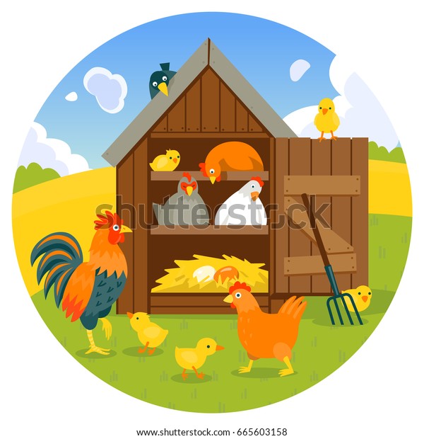 緑の芝生のベクターイラスト漫画のスタイルで かわいい鶏 ひよこ 鶏と手を組む鶏 のベクター画像素材 ロイヤリティフリー