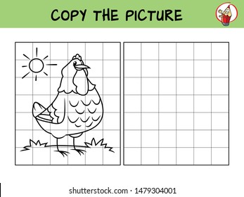 Hen. Copy the picture. Coloring book. Educational game for children. Cartoon vector illustration