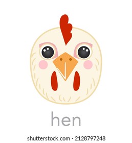Hen Cute portrait with name text smile head cartoon round shape animal face, isolated avatar bird vector icon illustrations on white background. Flat simple hand drawn for UI app, cards, baby clothes