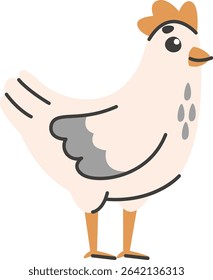 A hen is depicted in a simple line drawing style with muted tones and a few details. This poultry bird is shown standing upright with a charming appearance. Cartoon vector illustration