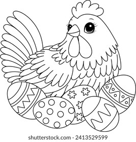 Hen and easter eggs coloring page 