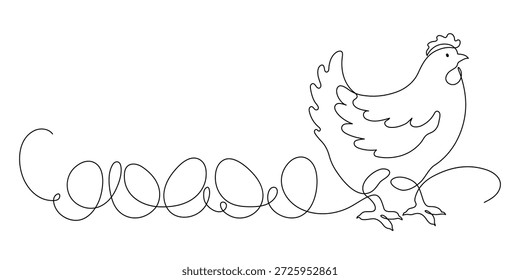Gallina con huevos. Dibujo de línea continua.
