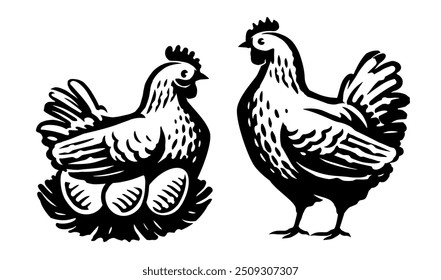 Gallina con huevos en el nido y ave de pollo para la industria avícola. Dibujado a mano blanco y negro emblema Ilustración vectorial