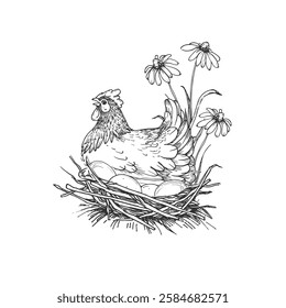 Hen, eggs, nest and flowers vector illustration hand drawn with ink and isolated on white background. Graphic sketch of chicken. For farm products and eggs packaging design