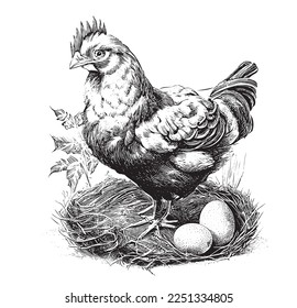 Hen with eggs in the nest hand drawn sketch Vector illustration.