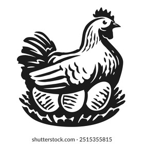 Hen with eggs in a nest. Poultry farm, chicken. Hand drawn black and white vector illustration