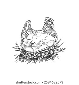 Hen, eggs, nest vector illustration hand drawn with ink and isolated on white background. Graphic sketch of chicken. For farm products and eggs packaging design