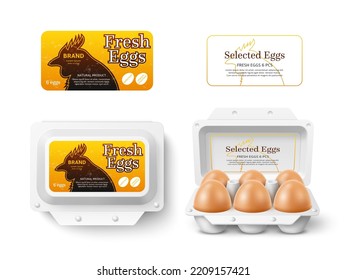 Hen eggs package design mockup. Box with stickers, farm fresh chicken product, natural diet breakfast, rural manufacture, open and closed box with label. Healthy food utter vector concept