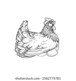 Hen and eggs vector illustration hand drawn with ink and isolated on white background. Graphic sketch of chicken. For farm products and eggs packaging design