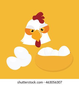 Hen face vector. Vector illustration of funny hen face with eggs in basket on yellow background in cartoon style. Good for advertising or package design, children book or illustration. Basket of eggs