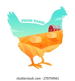 Hen with farm background inside. Concept of fresh farm products. Vector illustration