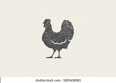 Hen farm chicken silhouette for farm industry hand drawn stamp effect vector illustration. Vintage grunge texture emblem for butchery packaging and menu design or label decoration