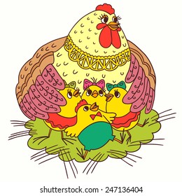 Hen and four chicks. Easter card.