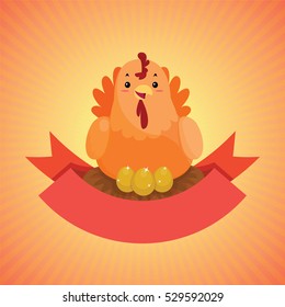 Hen with the golden eggs and blank ribbon labels, vector cartoon