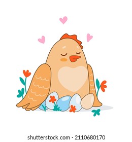 A hen hatches eggs with love. Cute cartoon-style character.