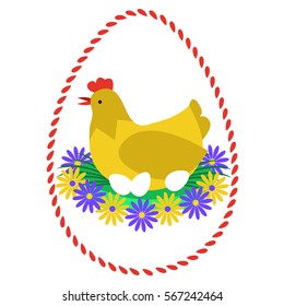 Hen hatching eggs flat vector illustration