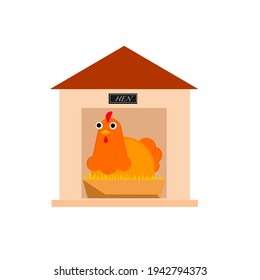 A hen hatching eggs in the nest.