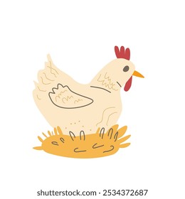 Hen hatching eggs in the nest isolated on white background. Chicken character. Vector hand drawn flat illustration