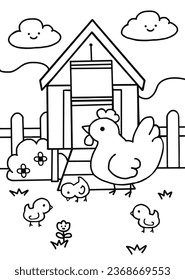 Hen and her chick with Chicken coop -hand draw -line art for coloring pages