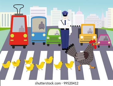 The hen with her chicks go at a pedestrian crossing by a police and standing cars.