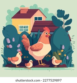Hen with her chicks in a yard. Domestic or farm yard animals. Flat vector illustration concept