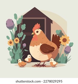 Hen with her chicks in a yard. Domestic or farm yard animals. Flat vector illustration concept