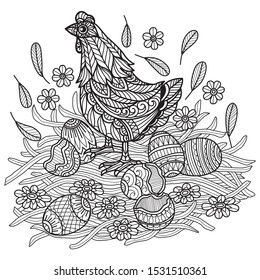 Hen with her eggs.
Zentangle stylized cartoon isolated on white background. 
Hand drawn sketch illustration for adult coloring book. 
