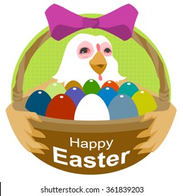 Hen holding basket with Easter eggs
