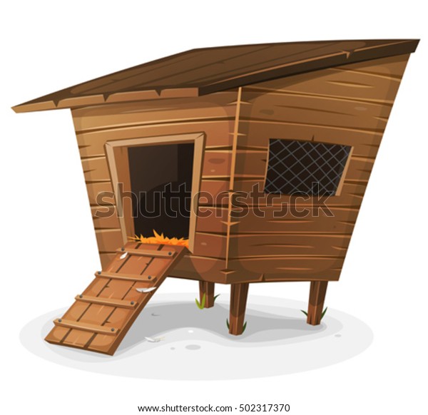 Hen House\
Illustration of a cartoon wooden farm chicken coop, with entrance\
and little window with\
grid