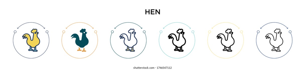 Hen icon in filled, thin line, outline and stroke style. Vector illustration of two colored and black hen vector icons designs can be used for mobile, ui, web